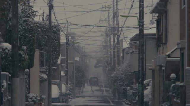 Snow settles on modern and traditional architecture in central Tokyo during a rare winter storm.