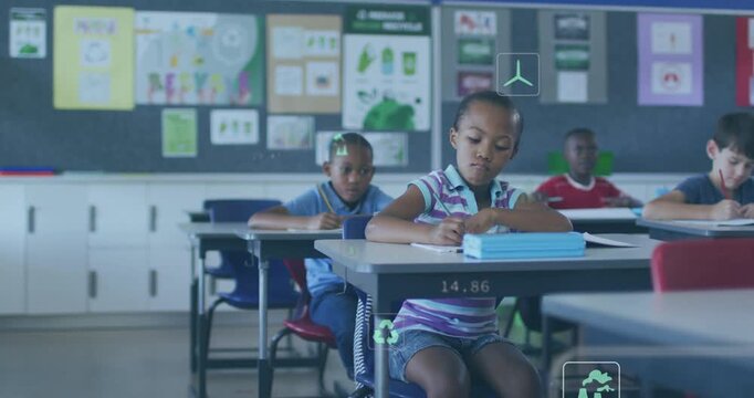 Girl writing school assignment, pen motion starting HUD charts and numeric data layering lower area