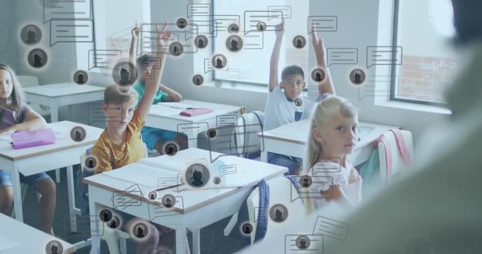 Teacher cueing, students raising hands to answer while chat icons floating over class partly hiding