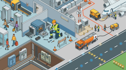 Obraz premium Isometric Airport Maintenance and Infrastructure Illustration featuring Technician Repairing Equipment, Airplane Ground Handling, Fueling Services, and Security Checkpoint Logistics