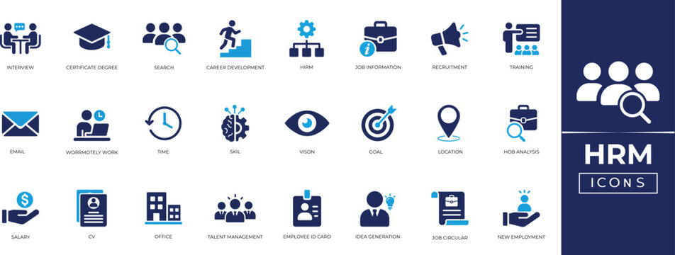 HRM solid icon set. Containing recruitment, interview, CV, employee training, career development. Editable icon collection.