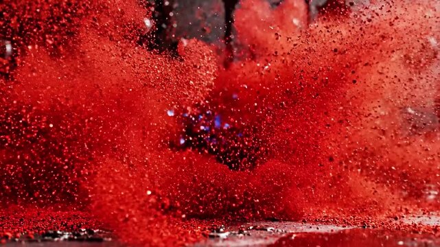 A vibrant explosion of red and blue powder