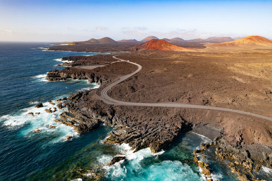 Aerial view of Los Hervideros volcanic coast, Lanzarote, Canary Islands