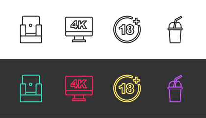 Set line Cinema chair, Screen tv with 4k, Plus 18 movie and Paper glass water on black and white. Vector