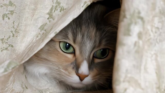 Curious cat peeking from behind a patterned curtain with bright green eyes