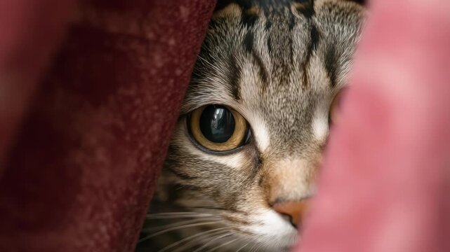 Close-up of a tabby cat's eye peeking from behind a red curtain, curious and playful