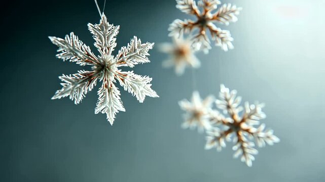 Hanging white snowflakes on fine threads against a muted teal blue gradient background