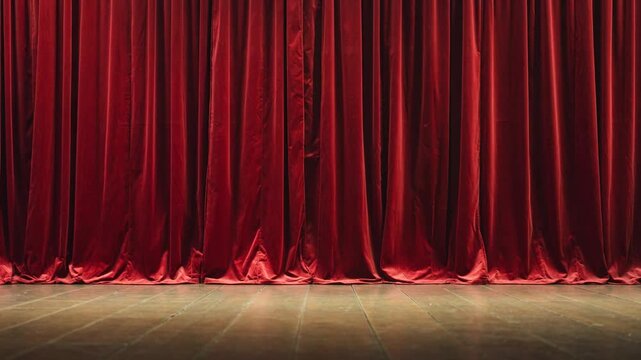 Dramatic red curtains opening on a theater stage　舞台の幕が開いた後に、また閉じる　シームレスループ動画