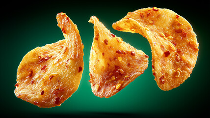 Floating potato chips with chili seasoning representing spicy snack food concept.
