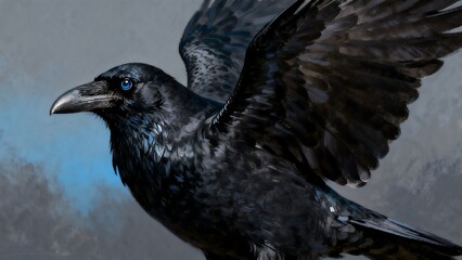 Naklejka premium A crow with glossy black feathers, a sharp beak, and piercing eyes evokes the mystery and allure of the night.