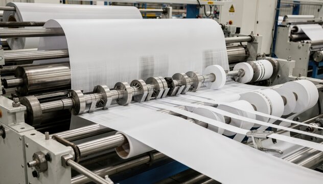 Medium shot of slitting and rewinding line converting large paper rolls into narrow newsprint reels showcasing precise machinery operation and clean paper edges.