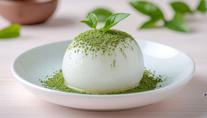 Japanese Matcha Mochi Dessert with Powdered Sugar on White Plate