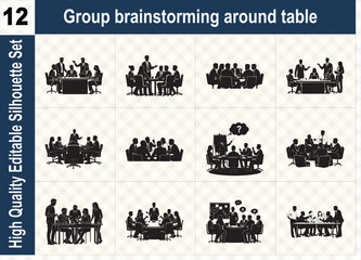 Silhouette set of a group of people brainstorming around a table in a meeting room, symbolizing teamwork, creative ideas, and business collaboration.