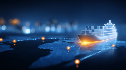 Obraz premium Container cargo ship route over a world map illustrating global supply chain tracking. 