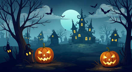 Fototapeta premium Spooky halloween night with haunted castle and glowing pumpkins