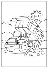 Coloring page shows a happy dumper truck unloading rocks in the sun © Inkartia