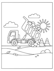 Construction coloring page for kids with a dumper truck and road cones © Inkartia