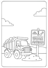 Construction coloring page for kids with a dumper truck and safety sign © Inkartia