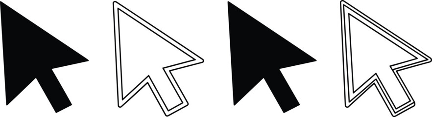 Set of Four Black and Outline Mouse Cursor Arrow Icons for Computer Navigation and Web Interface Design Isolated on White,