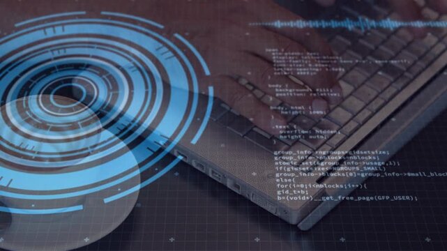 Developer placing hands on keyboard and activating blue HUD plus denser code overlay while typing