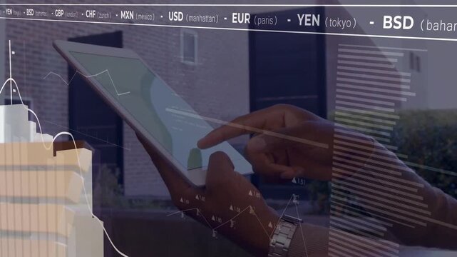 Man tapping then swiping tablet, visualizing market data with animated charts and ticker scrolling