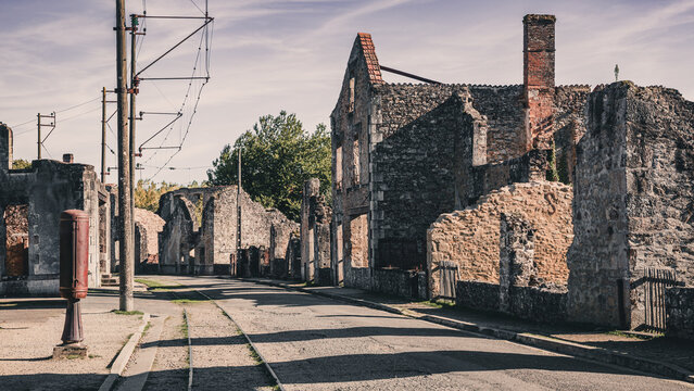 Remainings of destroyed and martyred village Oradour sur Glane in France, a massacre in june 1944 during the scecond world war.	