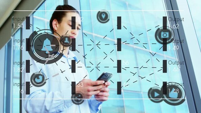 Man tapping smartphone by glass wall, activating business data overlay and monitoring input output