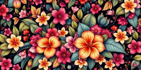 Fototapeta premium Intricate, continuous botanical design featuring vibrant blossoms and leaves, print design, pattern design