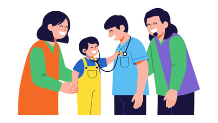 Obraz premium Medical Visit: A cheerful young patient, his doctor, and loving family create a comforting environment of empathy, care, and health. 