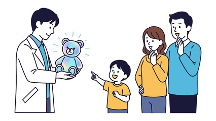 Dream Gift: An illustrative scene capturing the magic of a toy gift. A smiling professional in a lab coat hands a vibrant, shimmering bear toy to a delighted young boy.