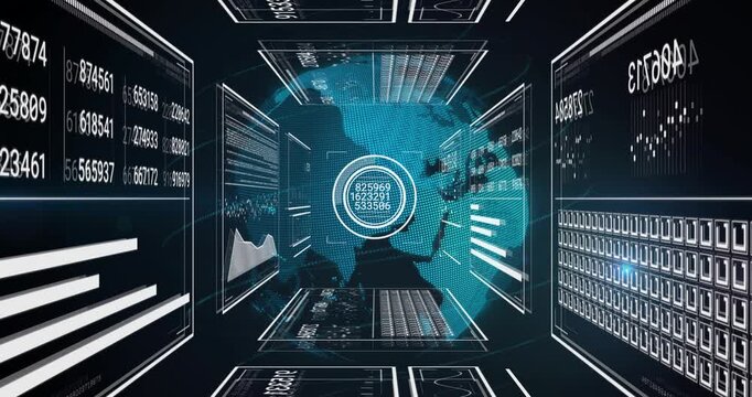 On start camera entering cube, teal globe rotating, target cycling, panels updating for analytics