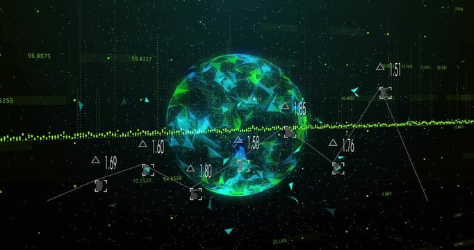 Data stream driving faceted globe rotating and pulsing while nodes updating values for analytics