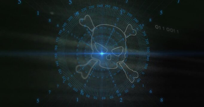 Blue center light emerging, drawing skull emblem into spinning dial, traces pulsing revealing logo