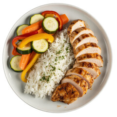 Plate of sliced grilled chicken with rice and vegetables food isolated on a transparent background