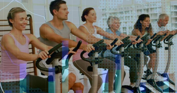 On class cue six riders pedaling on spin bikes in fitness class, HUD overlays tracking performance
