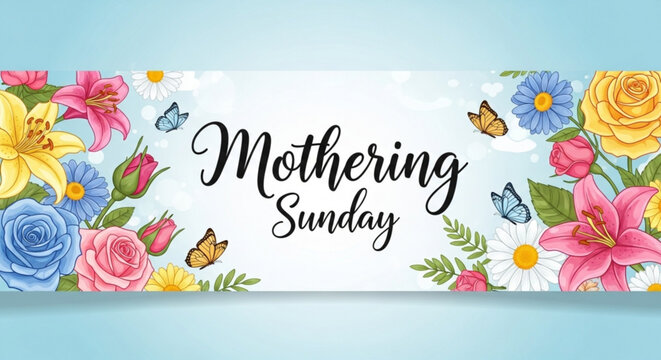 Colorful mothering sunday banner with flowers and butterflies on blue background
