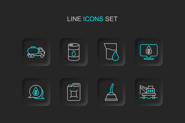 Naklejka premium Set line Oil platform in the sea, Canister motor machine oil, gasoline, drop with dollar symbol, petrol test tube, Barrel and Tanker truck icon. Vector