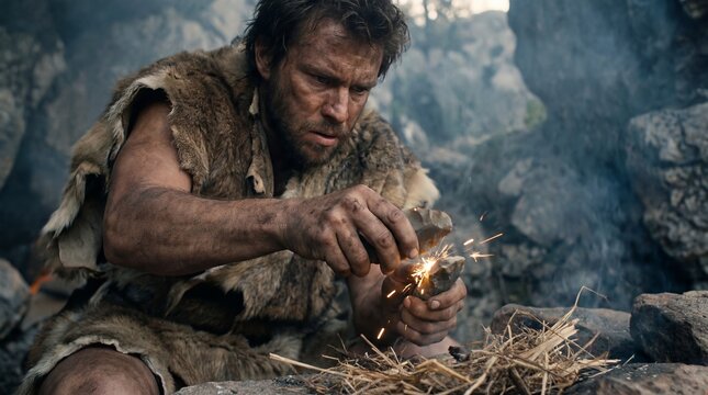 Man in fur clothing starting a fire with flint stones. Stone age survival skill and primeval campfire. Ancient civilization concept.