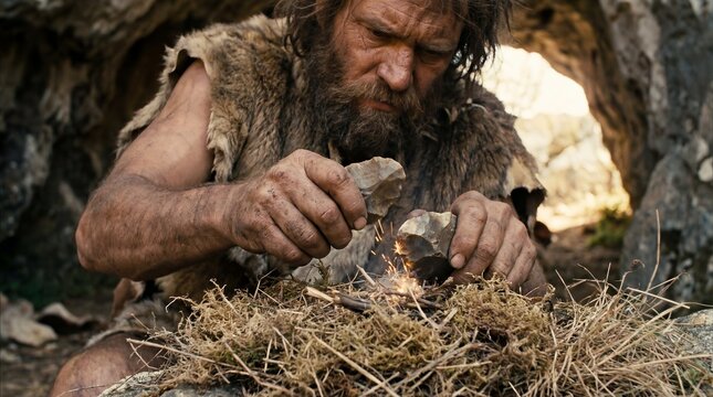 Caucasian man making fire with flintstones in a cave, demonstrating primitive survival skills and early human ingenuity