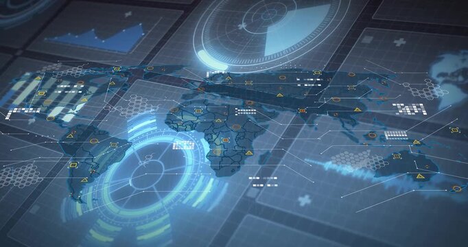 On startup, holo world map unfolding, radial HUD rotating, linking nodes to monitor traffic