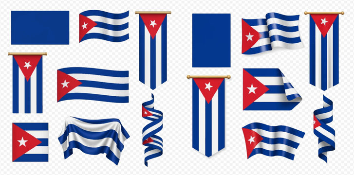 Cuban flag vector set with various shapes and waving styles on a transparent background.
