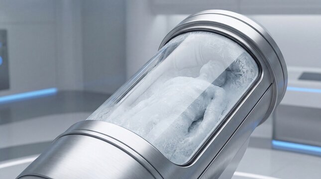 Cryogenic chamber with a body frozen inside for future reanimation. Concept of cryonics, preservation, and futuristic medical technology.