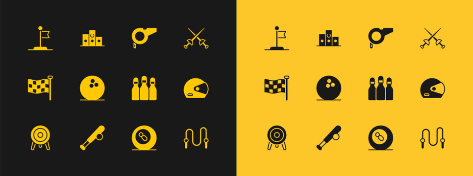 Set Fencing, Baseball bat with ball, Bowling pin, Billiard pool snooker, Whistle, Flag and Award over sports winner podium icon. Vector