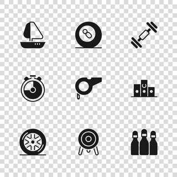Set Target sport, Award over sports winner podium, Bowling pin, Whistle, Dumbbell, Yacht sailboat, Billiard pool snooker ball and Stopwatch icon. Vector