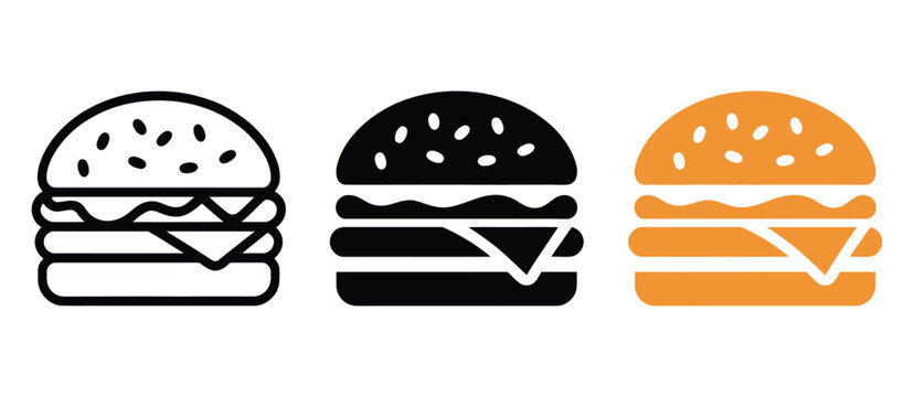 Variations of a hamburger icon in outline, solid black, and orange styles, playful vector food icons for restaurant apps, marketing materials, fast food promotions, and menu design.