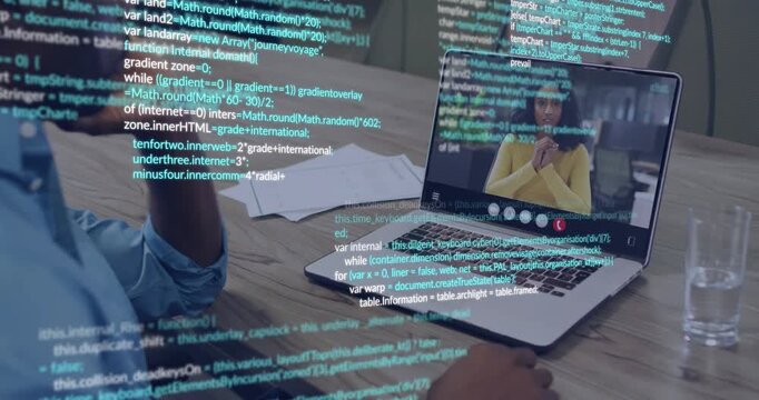 Man using laptop trackpad in tech call, navigating call window reviewing code overlay densifying