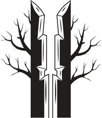 A black and white image of two trees with a crack