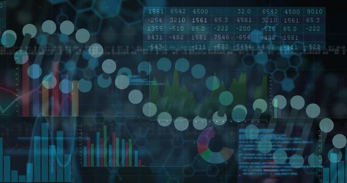 Layered dashboard receiving data animating bars pulsing grid dotted strand arcing showing trends