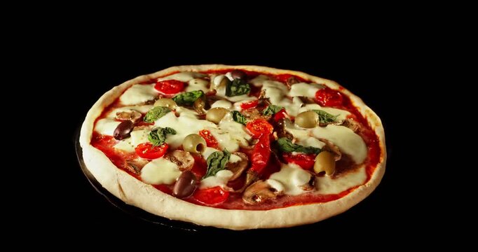 Rotating pizza during the baking process, isolated on a black background. Cinematic studio shot showing cooking time progression, melting cheese and fresh ingredients. Perfect for food, cooking and re