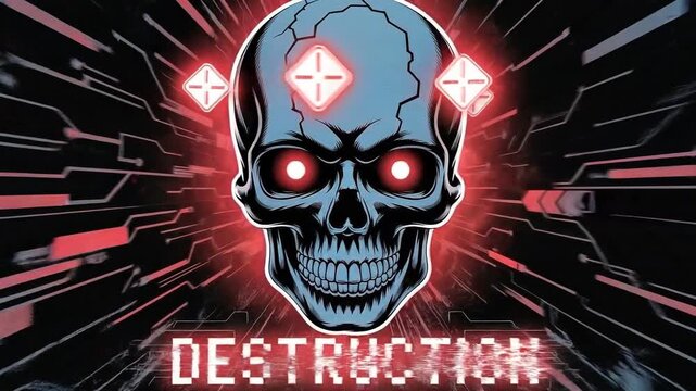 Digital Skull of Destruction: A captivating digital artwork showcasing a futuristic skull engulfed in a complex network of circuits, with a chilling Destruction caption